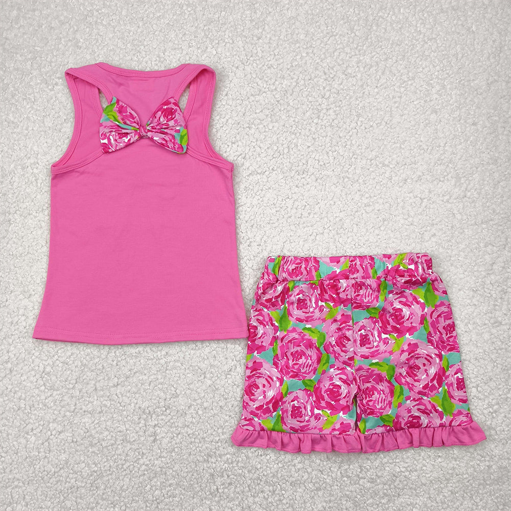 7.15 GSSO1605 RTS NO MOQ Baby Girls Summer Outfits Embroidered flower leaf bow rose red vest shorts set
