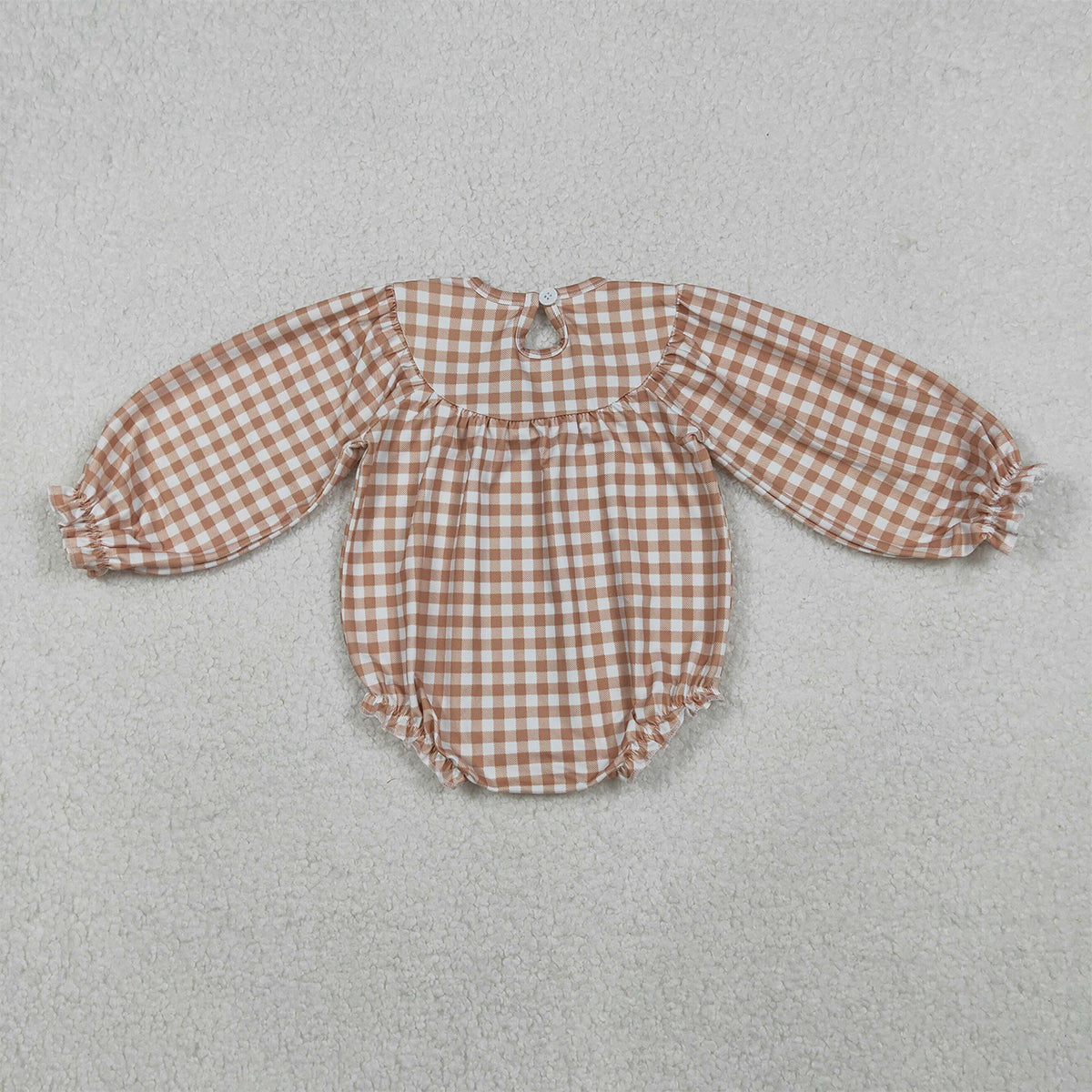 10.27 RTS NO MOQ （In stock）LR2205 Baby Girls Winter Rompers Smocked Turkey Leaves Baby Girls Khaki Checked Thanksgiving Ruffle Rompers