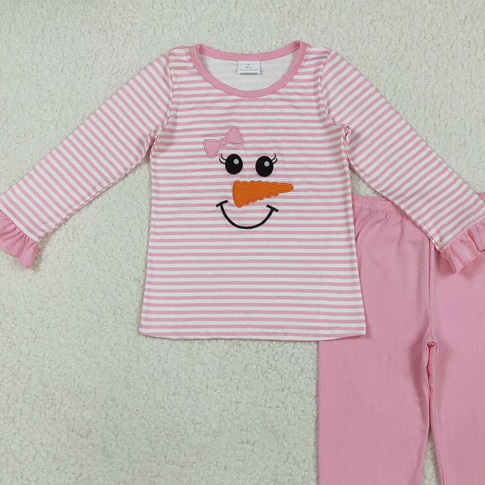 RTS NO MOQ （In stock）GLP2520 Baby Girls Winter Outfits Embroidery Baby Girls Christmas Pink Stripe Bow Snowman Top Pants Pajamas