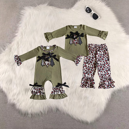 8.21 RTS Sibling Baby Christmas tree embroidery olive shirt leopard pants girls clothes