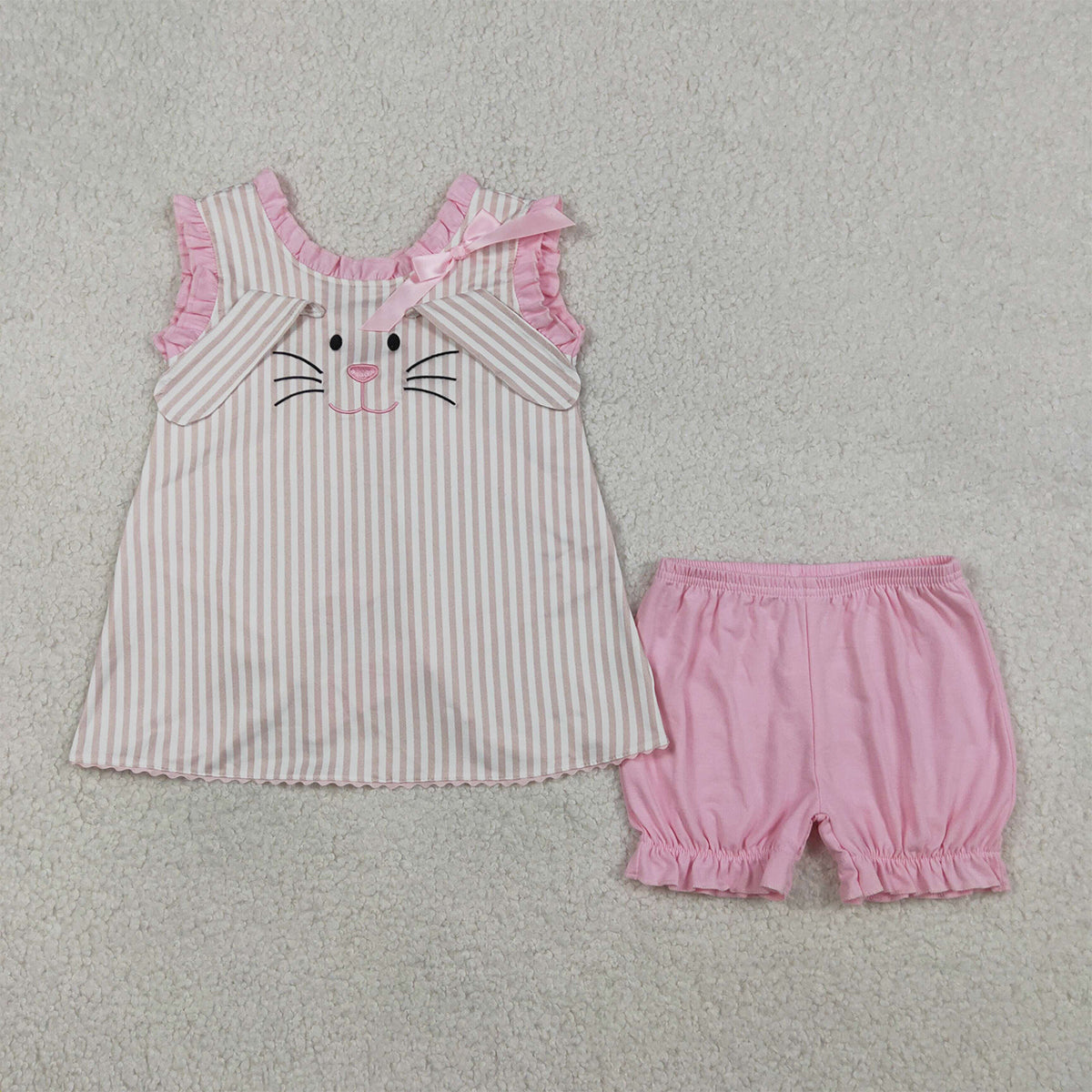 3.27 RTS NO MOQ （In stock）GSSO2924 Kids Clothing for Baby Girls Sleeveless Embroidery Rabbits Back Bows Stripe Tunic Ruffle Shorts Easter Sets