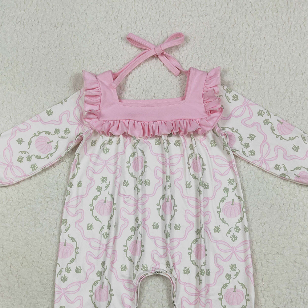 RTS NO MOQ （In stock）LR2255 Baby Girls Winter Rompers Baby Girls Long Ruffle Sleeves Pink Pumpkins Bows Plaid Pant Rompers