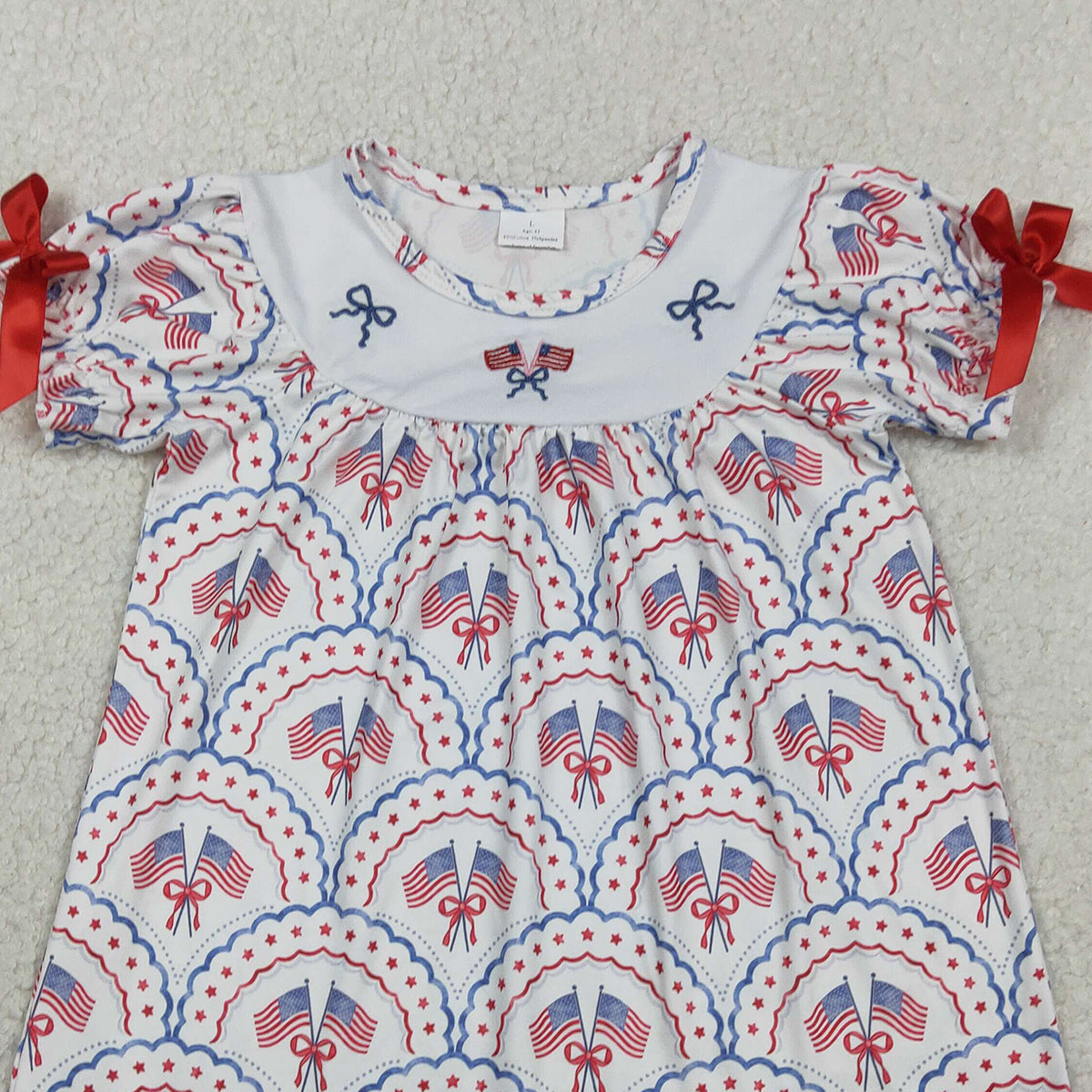 2.9 RTS NO MOQ （In stock）GSD3525 Kids Clothing for Girls Baby Girls Checked Knee Length Dress Embroidered Bows Flags 4th of July Outfit