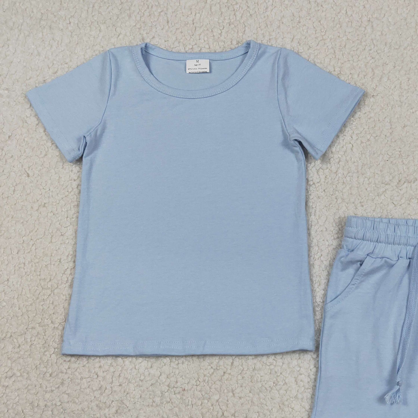 GSSO3349 RTS NO MOQ （In stock ）Short sleeves light blue cotton top ruffle shorts girls outfits）