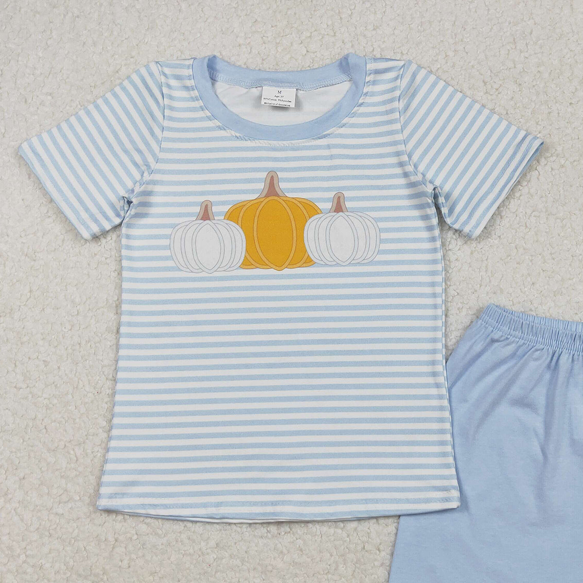10.14 RTS NO MOQ （In stock）BSSO1548 Baby Boys Winter Outfits Baby Boys Blue Stripes Pumpkins Top Shorts Fall Clothes Set
