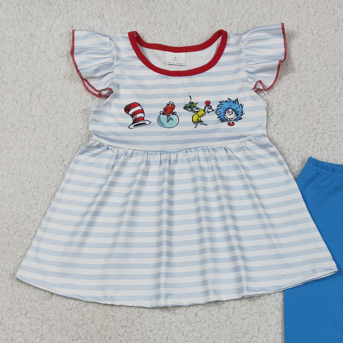 3.17 RTS NO MOQ （In stock）GSPO2136 Summer Baby Girls Blue Stripe Mr Reading Tunic Ruffle Pants Clothes Sets