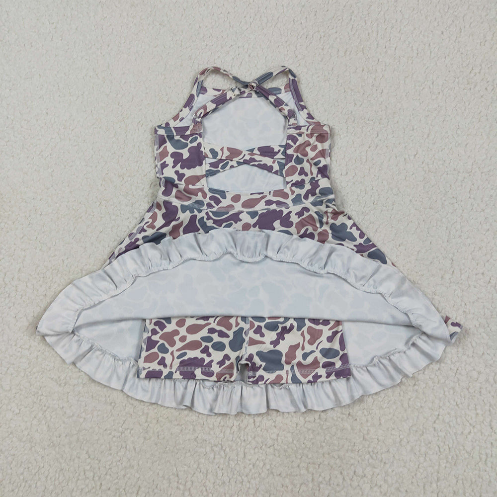 6.16  GSD2310 RTS NO MOQ Baby Girls Summer Yoga Dress Baby Girls Strap Lavender Camo Yoga Ruffle Knee Length Dresses