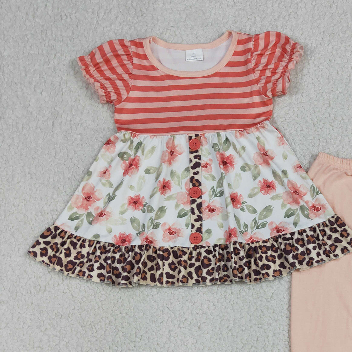 4.15 GSPO1044 RTS NO MOQ （In stock ）Short sleeves floral leopard tunic ruffle pants girls clothing