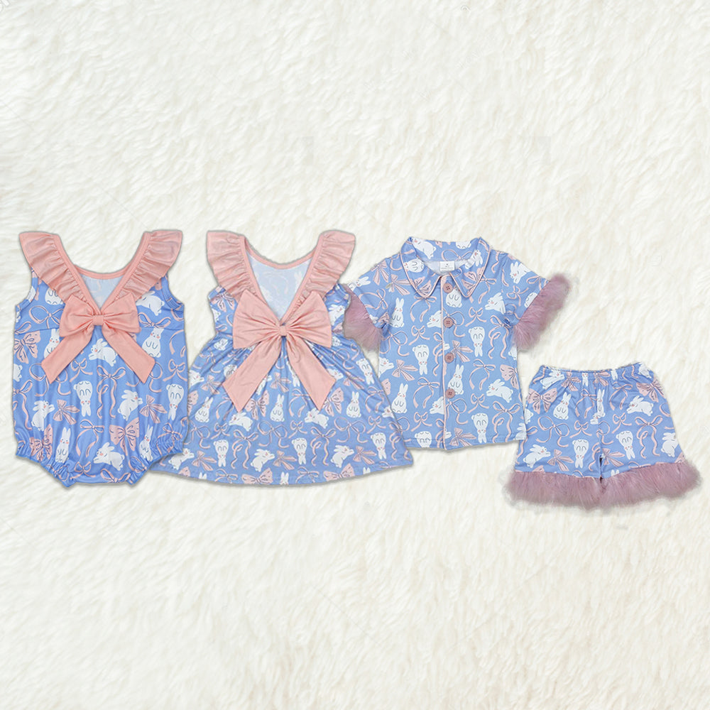 6.05 Girls Blue Bunny Bow Fur Pajamas Button down Easter Theme Sleepwear for Kids