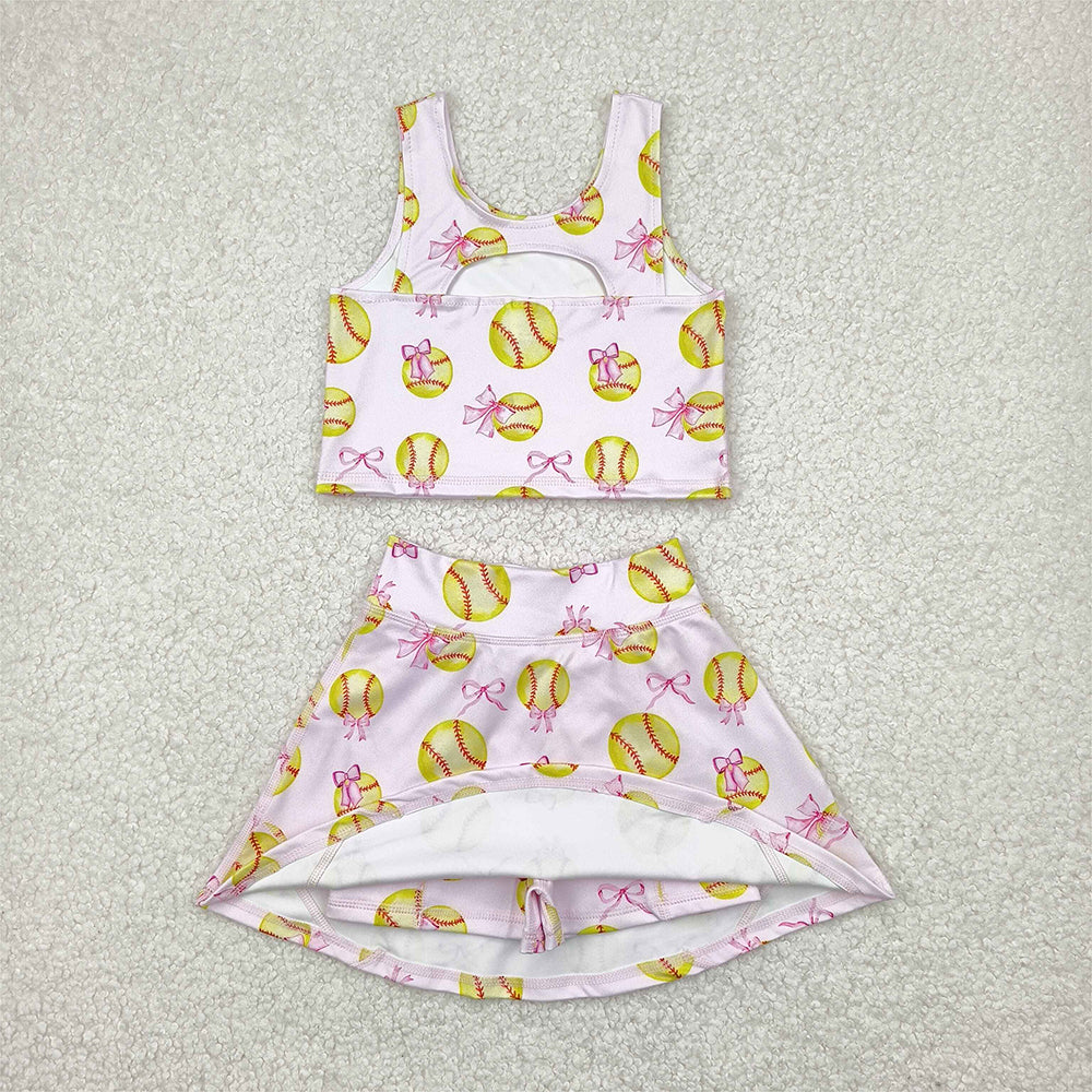 GSD2045RTS NO MOQ Baby Girls Yoga Outfits Girls Active Wear Set Sleeveless Softball Bow Top Skirt Comfortable Sportswear for Little Athletes