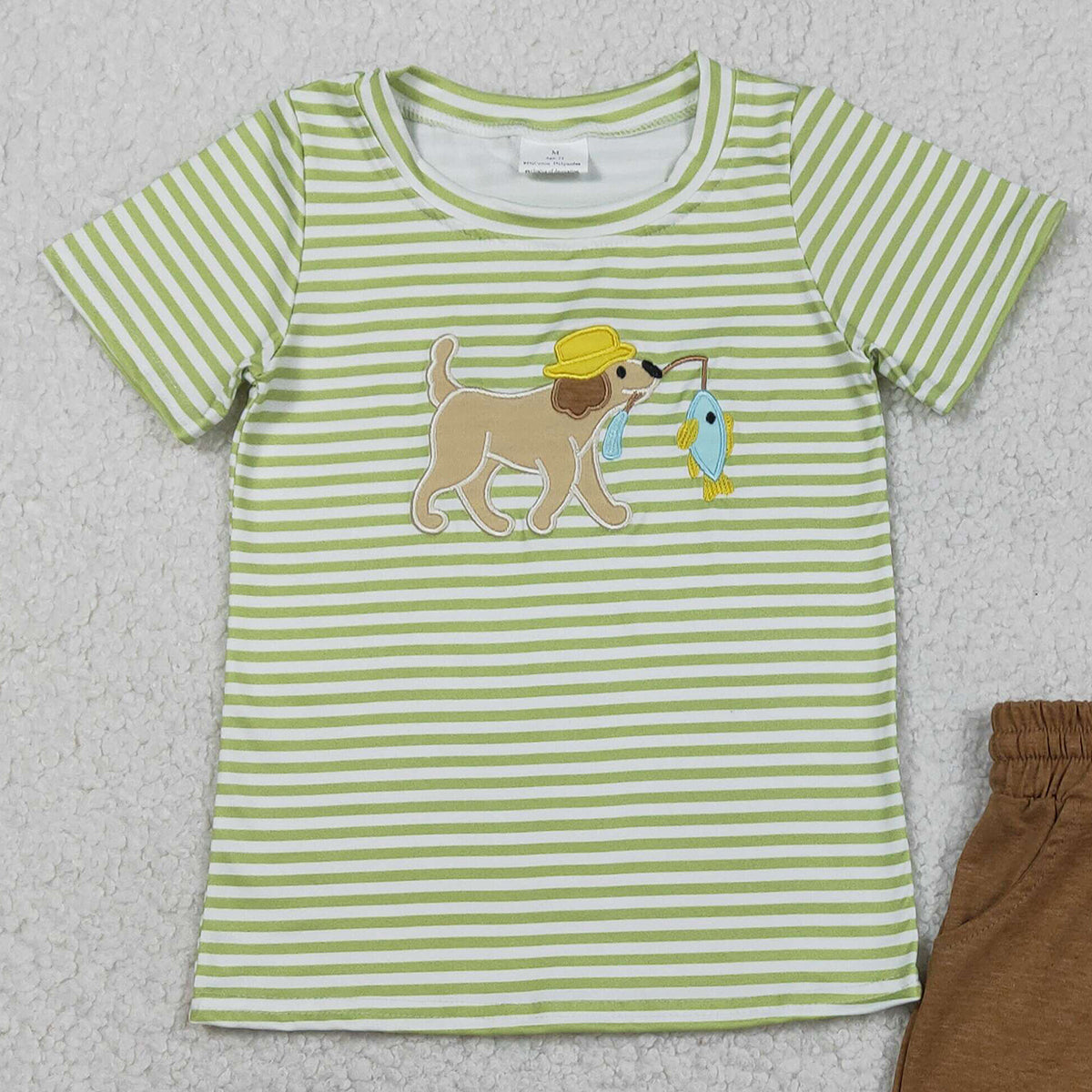1.27 RTS NO MOQ （In stock）BSSO1768 Embroidery Dog Fishes Baby Boys Green Stripe Top Pockets Shorts Hunting Clothes Sets