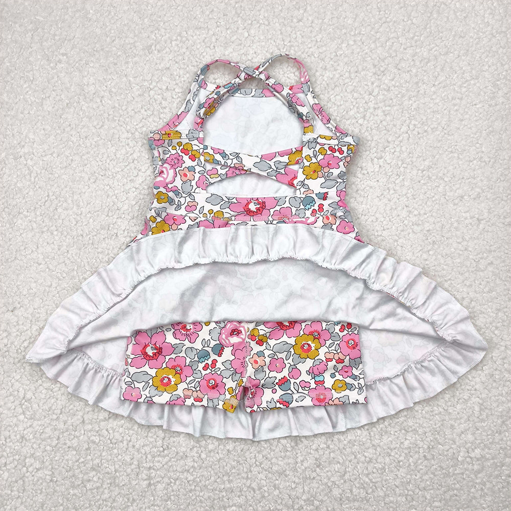 4.11 GSD2278 RTS NO MOQ Baby Girls Summer Yoga Dress Straps pink floral ruffle kids girls athletic dresses