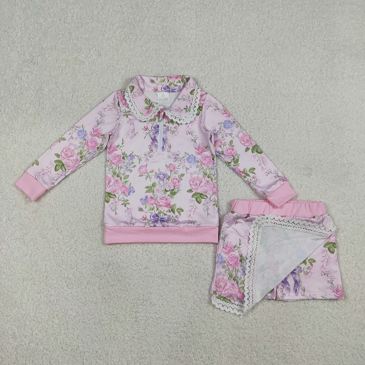1.22 RTS NO MOQ （In stock）GLD1572 Baby Girls Flowers Zipper Collar Top Ruffle Skirt Shorts Clothes Sets