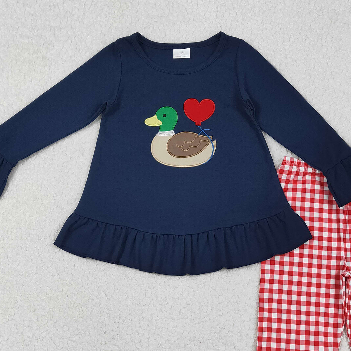 10.29 RTS NO MOQ （In stock）GLP2912 Embroidery Heart Ducks Baby Girls Navy Tunic Red Checked Pants Valentine Clothes Sets