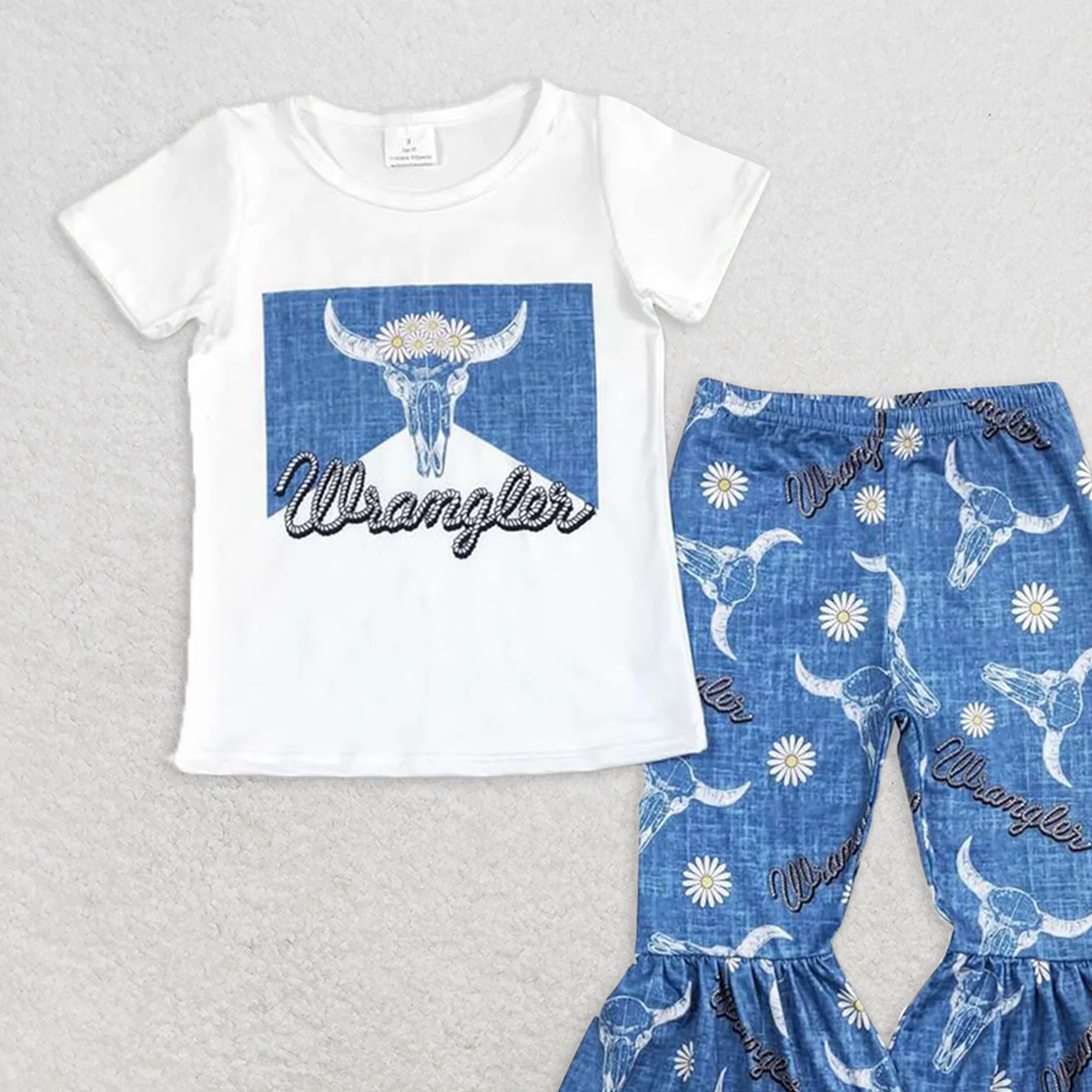 GSPO1287 RTS NO MOQ Baby Girls Spring Outfits Wrangler alpine bull head white short-sleeved floral blue trousers suit