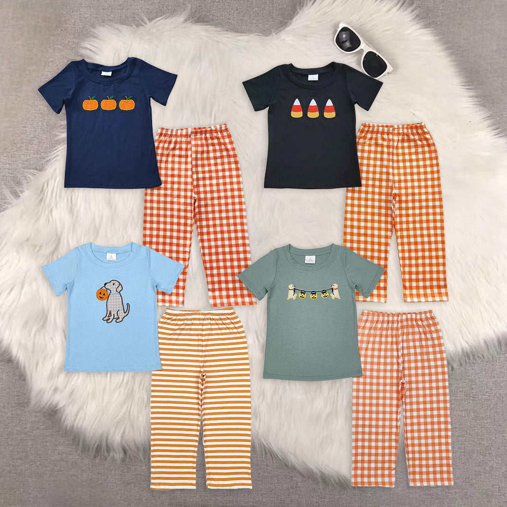 8.13  RTS Sibling Baby Boys Spring Outfits Candy corn black shirt plaid pants boy Halloween outfits