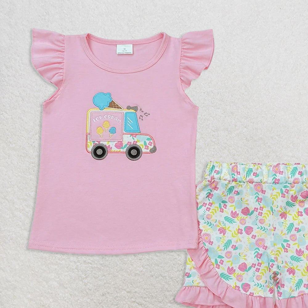 GSSO0644 RTS NO MOQ Baby Girls Summer Outfits Embroidered ice cream cart pink flying sleeves floral shorts set