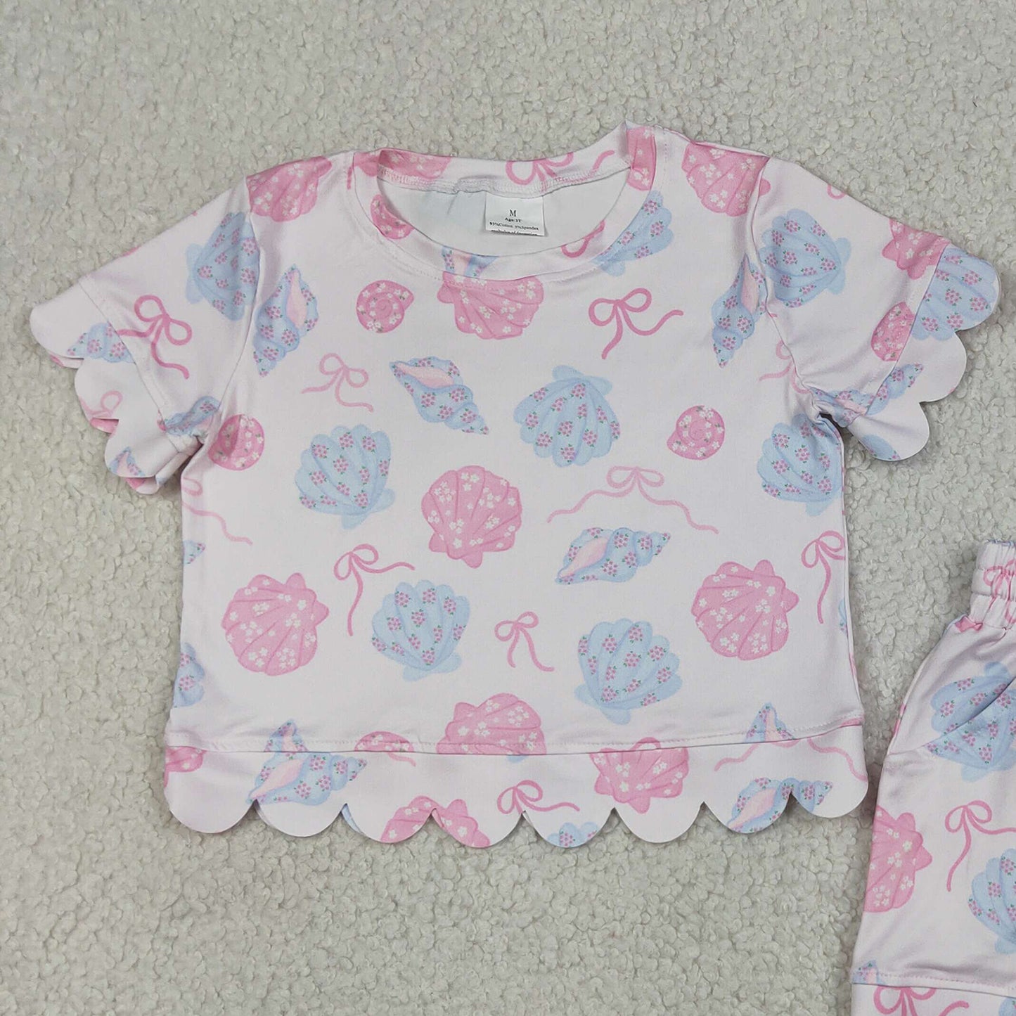 GSSO3731 RTS NO MOQ （In stock）Short sleeves scallop shell bow girls summer outfits