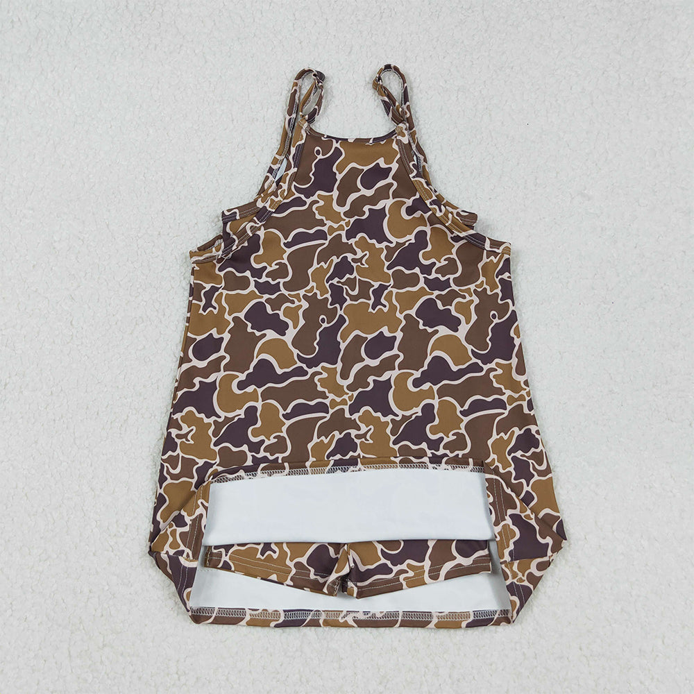 RTS NO MOQ （In stock）GSD2722 Baby Girls Yoga Dress Strap Brown Camo Pockets Yoga Active Knee Length Dresses