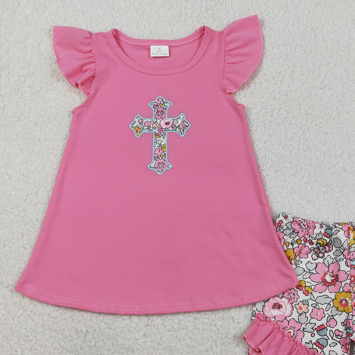 1.26 RTS NO MOQ （In stock）GSSO3069 Embroidery Floral Crosses Baby Girls Tunic Ruffle Shorts Easter Clothes Sets