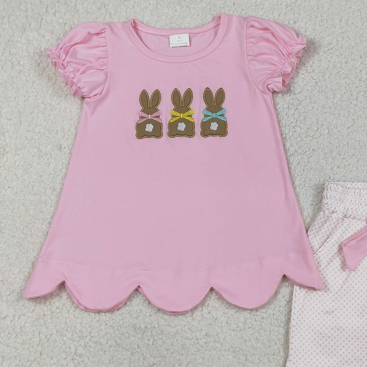 1.7 RTS NO MOQ （In stock）GSSO2829 Embroidery Rabbits Baby Girls Tunic Pockets Shorts Easter Clothes Sets
