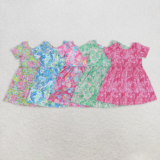 8.11  RTS NO MOQ Baby Girls Summer Dress  Sibling Baby Girls Sea Flowers Short Sleeve Knee Length Dresses