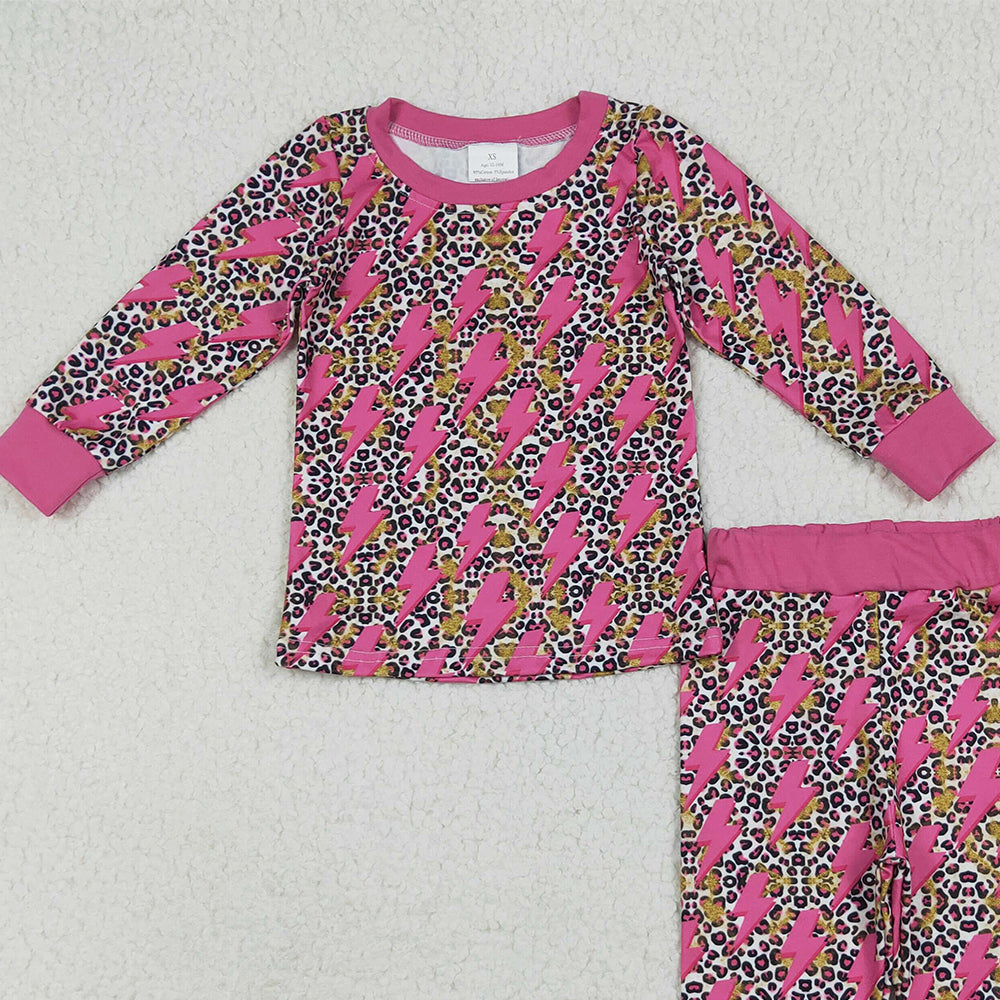 8.15 GLP2393 RTS NO MOQ Baby Girls Winter Outfits Baby Girls Long Sleeves Pink Lightning Leopard Top Pant Pajamas Set