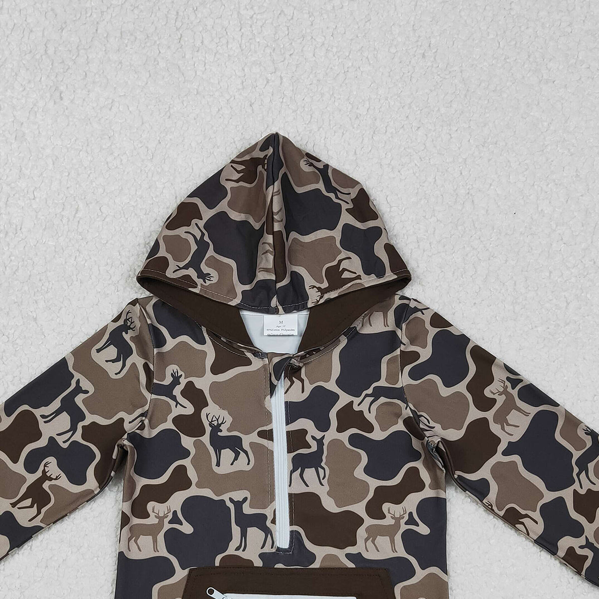 11.11 RTS NO MOQ （In stock）BT1348 Baby Boys Brown Deer Camo Pocket Zipper Hunting Hoodies Top