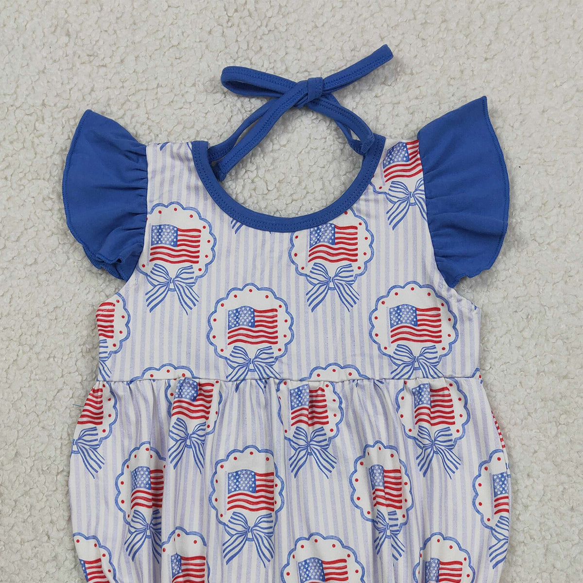 SR4029 RTS NO MOQ （In stock）Flutter sleeves bow flag stripe baby girls 4th of july romper
