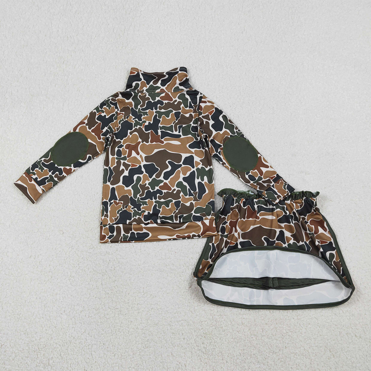 1.17 RTS NO MOQ （In stock）GLD1547 Baby Girls Southern Dark Brown Camo Zip Pullover Skirt Shorts Clothes Sets