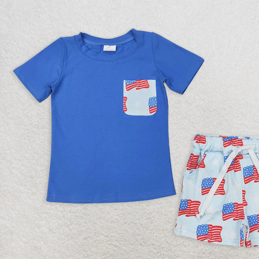 BSSO1258RTS NO MOQ Baby Boys Summer Boys Outfits Baby Boys 4th of July Themed Clothing Set with Flags Pocket Short Sleeve Shirt And Shorts Outfit for Infants