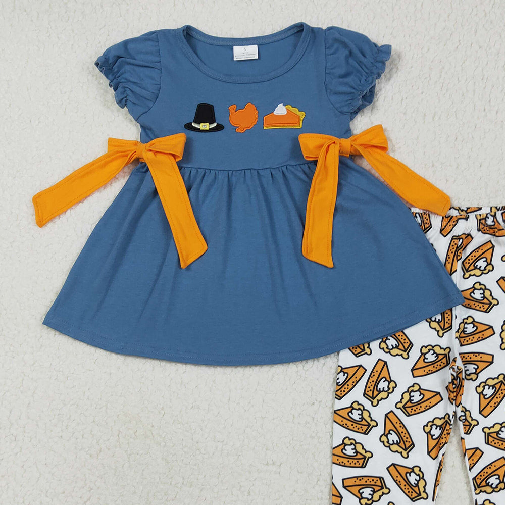 RTS NO MOQ （In stock） GSPO2028 Baby Girl Autumn Outfits Embroidery Baby Girls Navy Thanksgiving Turkey Tunic Ruffle Pants Sets