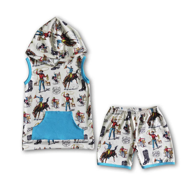 BSSO0061 Sales New RTS No Moq Promotion Horse print sleeveless boy rodeo hoodie set