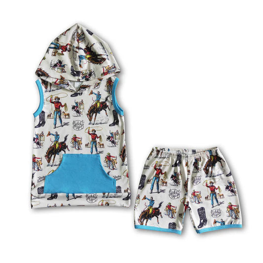BSSO0061 Sales New RTS No Moq Promotion Horse print sleeveless boy rodeo hoodie set