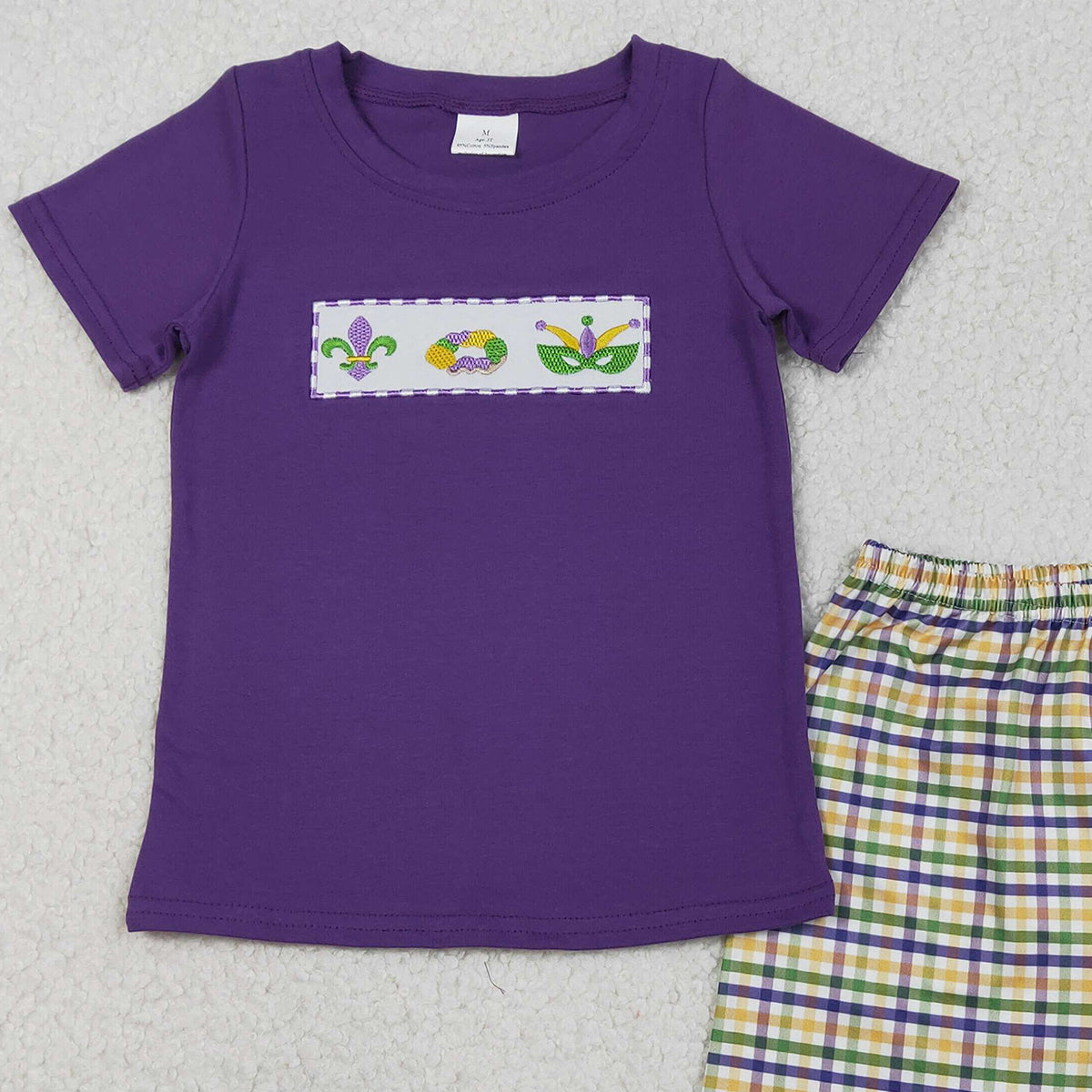 12.16 RTS NO MOQ （In stock）BSSO1603 Embroidery Anchor Donuts Baby Boys Mardigras Top Checked Shorts Clothes Sets