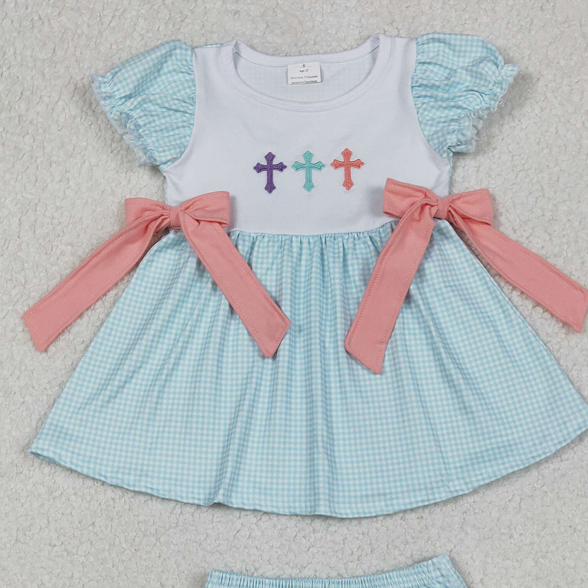 11.1 RTS NO MOQ （In stock）GBO0480 Baby Girls Summer Outfits Embroidery Crosses Baby Girls Bows Tunic Bummies Easter Clothes Sets