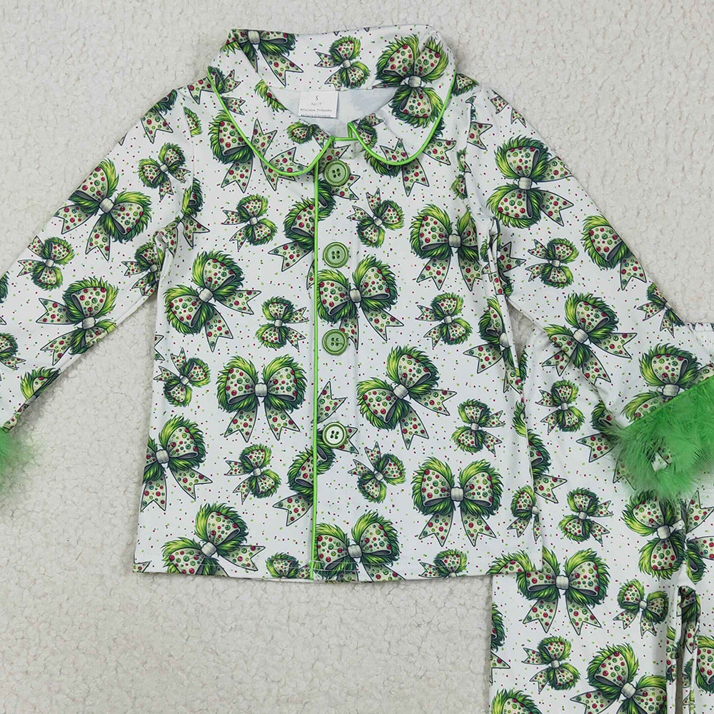 8.23 RTS NO MOQ （In stock）GLP2582 Baby Girls Winter Outfits Baby Girls Fur Sleeves Green Bows Plaid Button Top Pant Christmas Pajamas Set