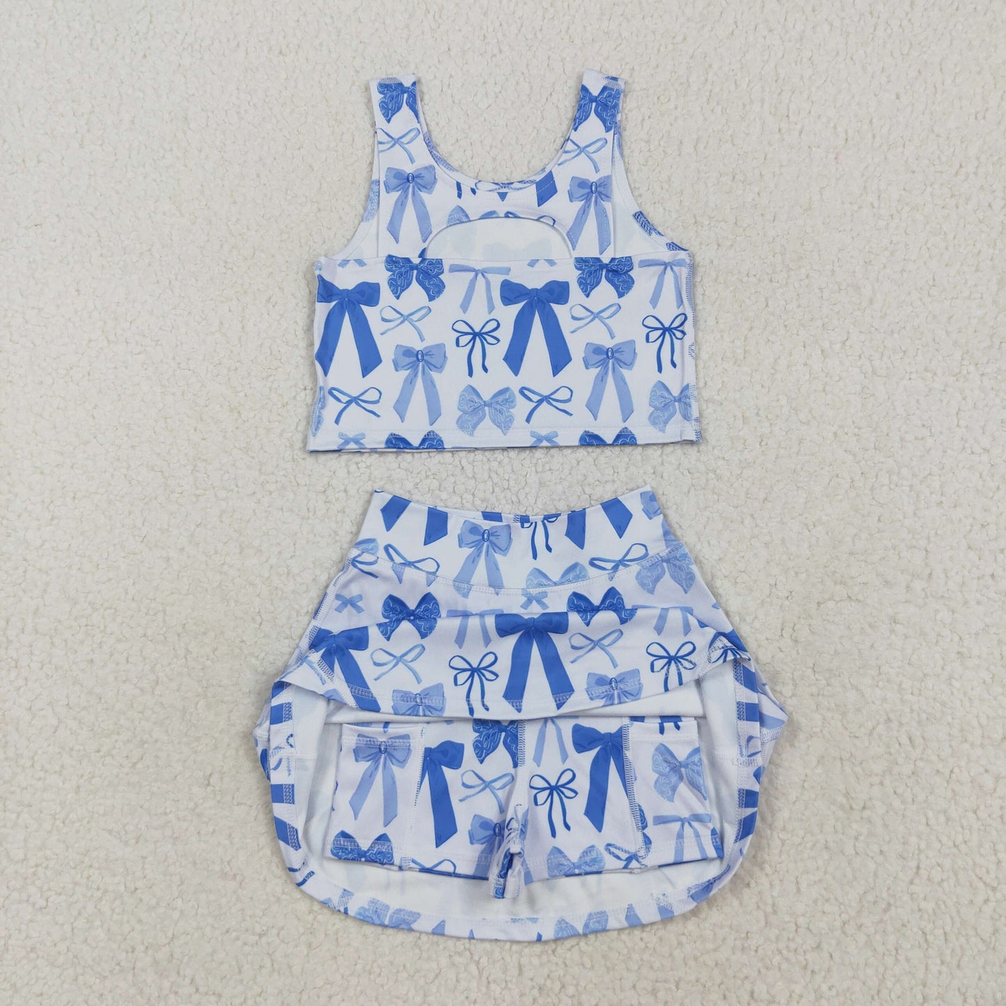 RTS NO MOQ （In stock）GSD2640 Baby Girls Yoga Outfits Baby Girls Sleeveless Blue Bows Vest Top Short Skirts Yoga Sets