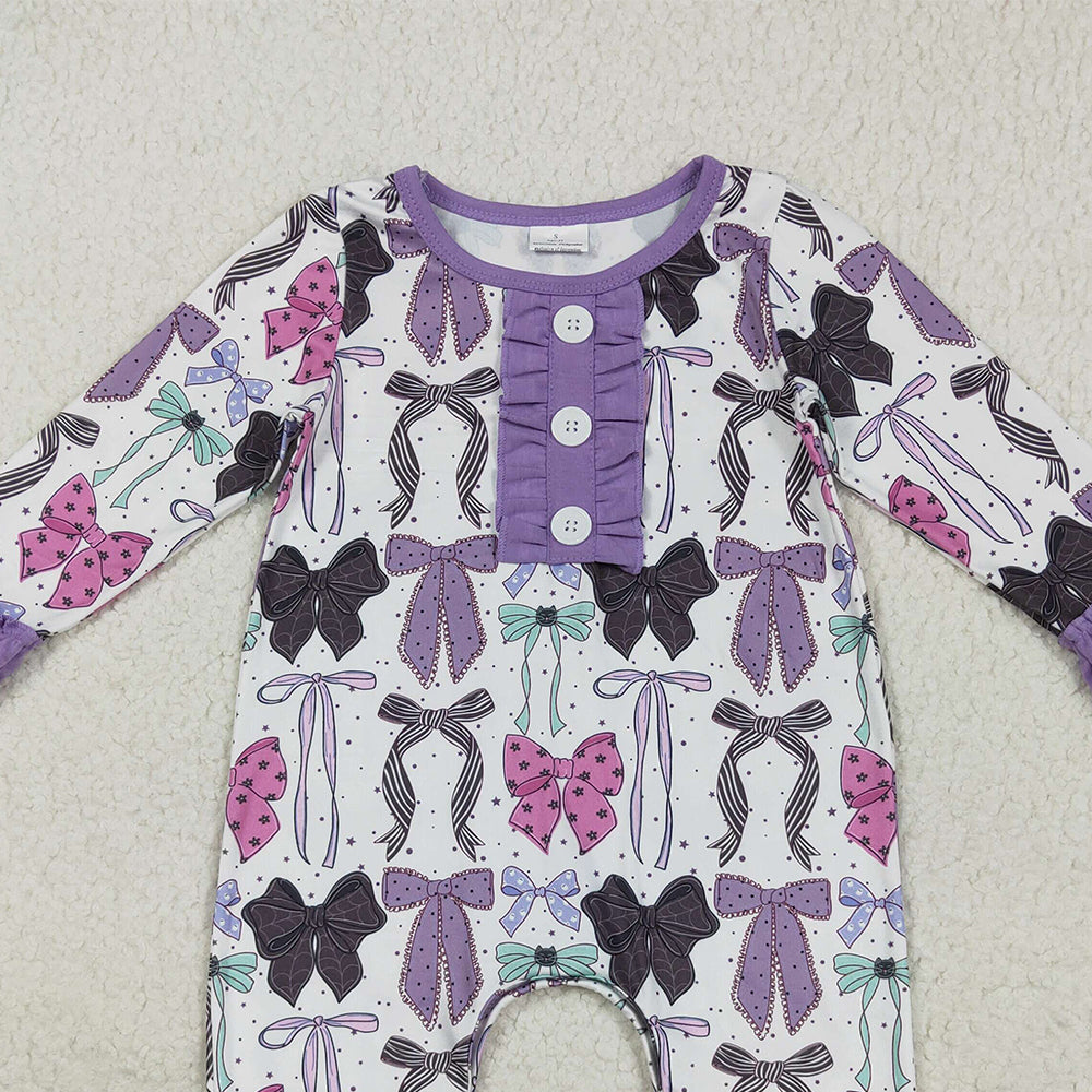 RTS NO MOQ （In stock）LR2355 Baby Girls Winter Rompers Baby Girls Long Ruffle Sleeves Purple Bows Button Pant Rompers