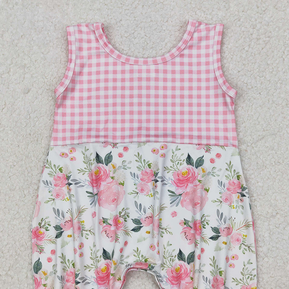 4.30 SR2678 RTS NO MOQ Sleeveless pink plaid floral baby girls summer romper