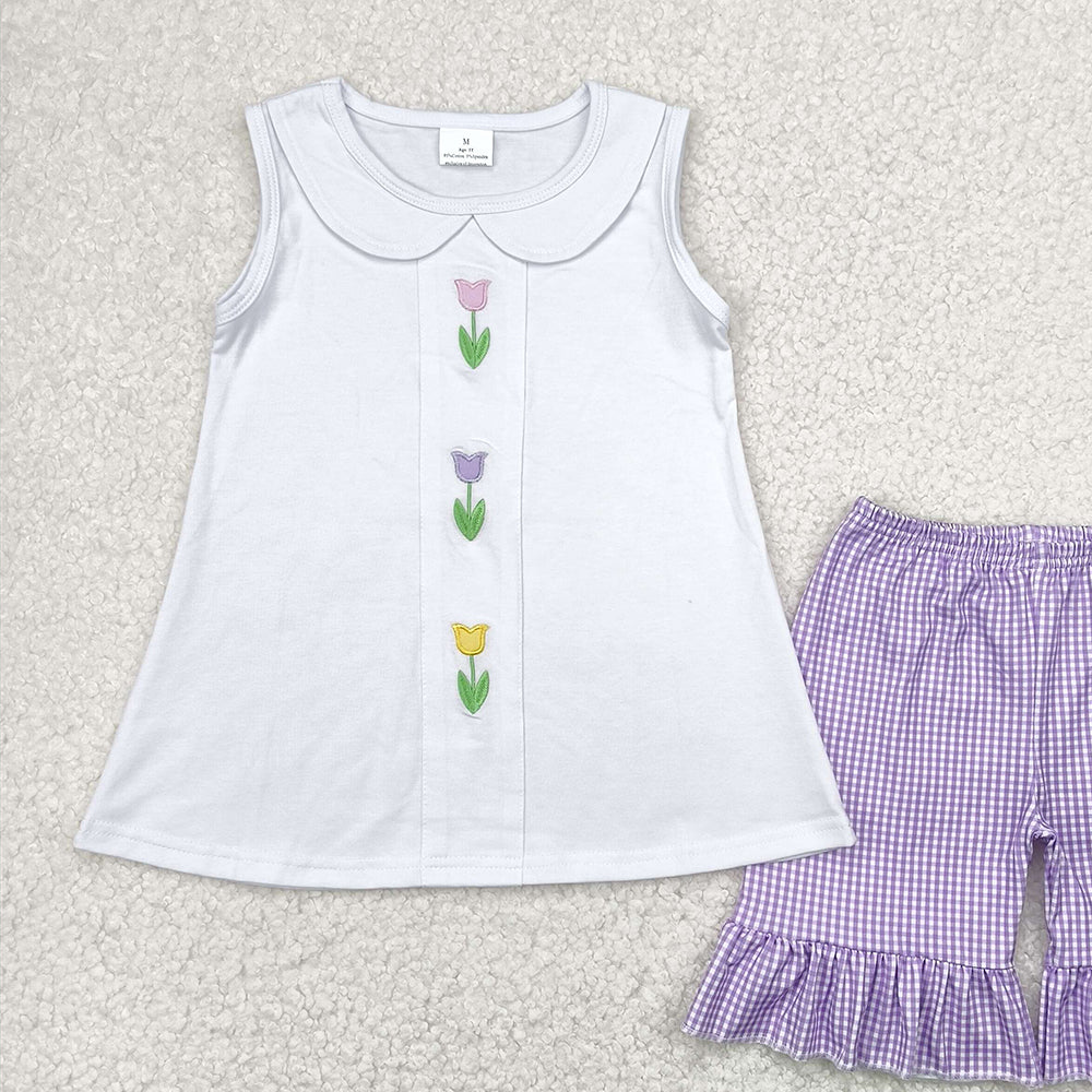 6.27   GSSO2276 RTS NO MOQ Baby Girls Summer Outfits Embroidery baby girl clothes floral sleeveless shorts set