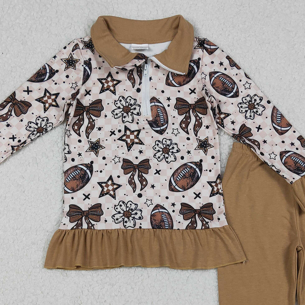 RTS NO MOQ （In stock）GLP2690 Baby Girls Winter Outfits Footballs Bows Zipper Pullovers Legging Pants Team Sets