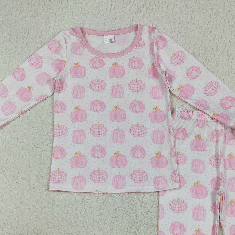 RTS NO MOQ （In stock） GLP1188 Baby Girls Winter Outfits Pink pumpkin long sleeves girls fall pajamas