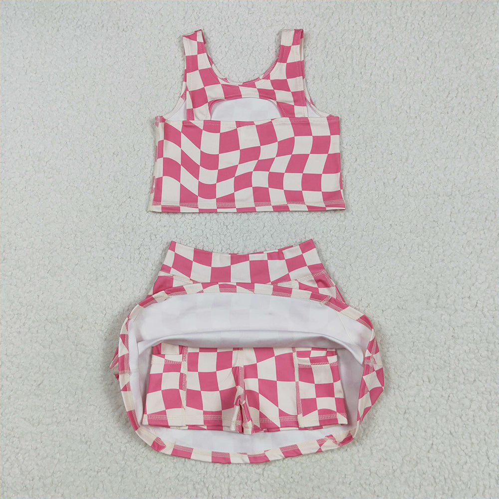 4.23 GSD2329 RTS NO MOQ Baby Girls Yoga Outfits Sleeveless pink plaid top skirt kids girls active wear set