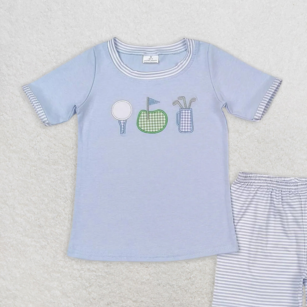 BSSO0686 RTS NO MOQ Baby Boys Summer Boys Outfits Baby Boys Blue Golf Tee Shirt Stripes Shorts Clothes Sets