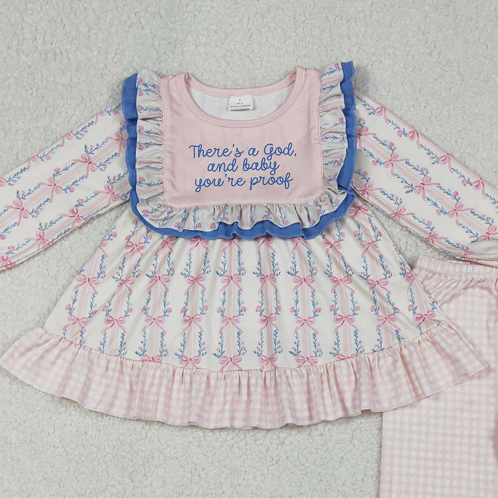 RTS NO MOQ （In stock）GLP2379 Baby Girls Winter Outfits Long Sleeves Pink Floral Stripe Tunic Ruffle Pants Set
