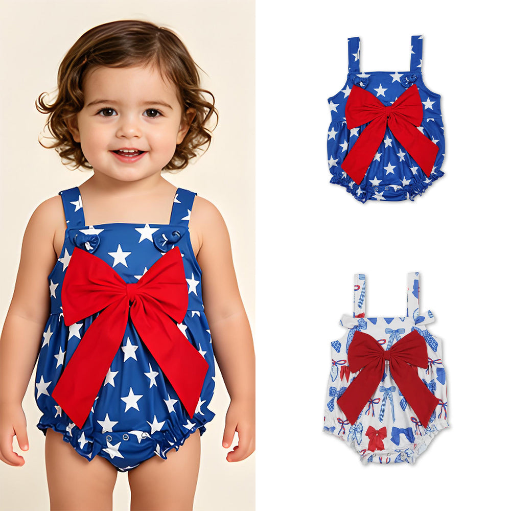 RTS Sibling Stars strap red bow baby girls 4th of july romper