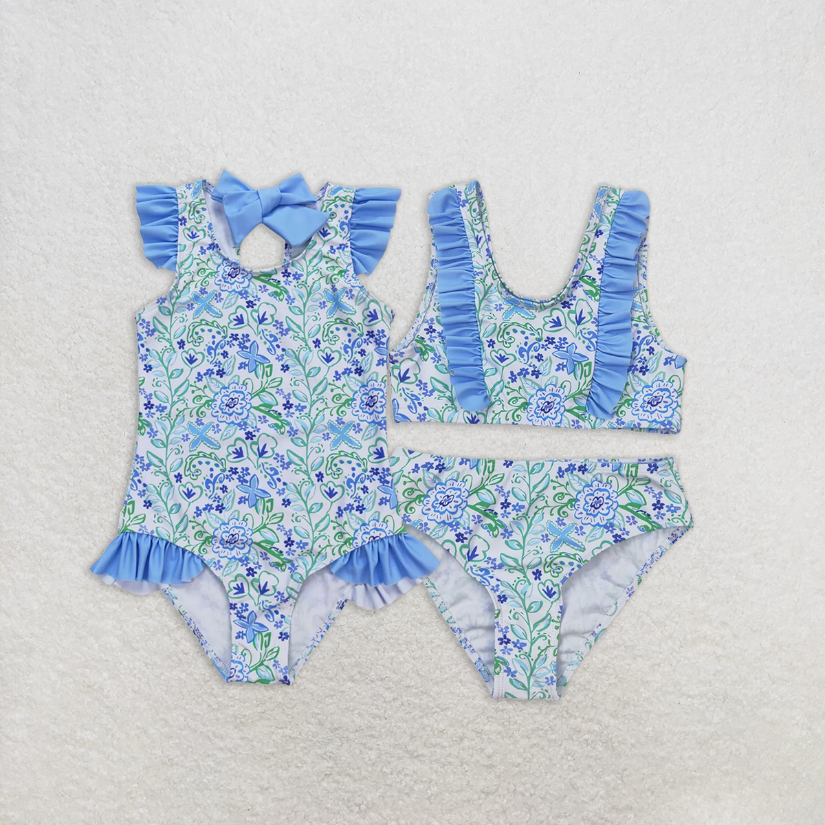7.19 RTS NO MOQ Baby Girls Summer Swimsuits Light blue green floral girls one pc swimsuit
