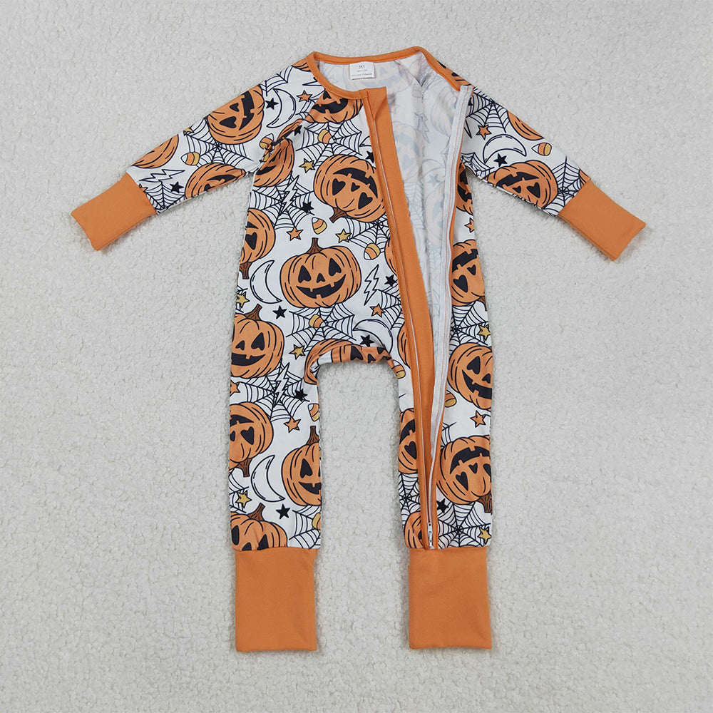 RTS NO MOQ （In stock）LR2528 Baby Boys Winter Rompers Spider Web Pumpkins Halloween Zipper Footie Rompers