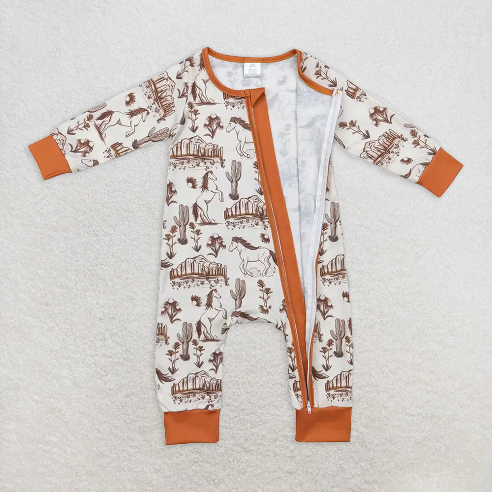 USA Shop (in stock)LR1164 Baby Girls Winter Rompers Long sleeves horse cactus baby kids western bamboo zipper romper